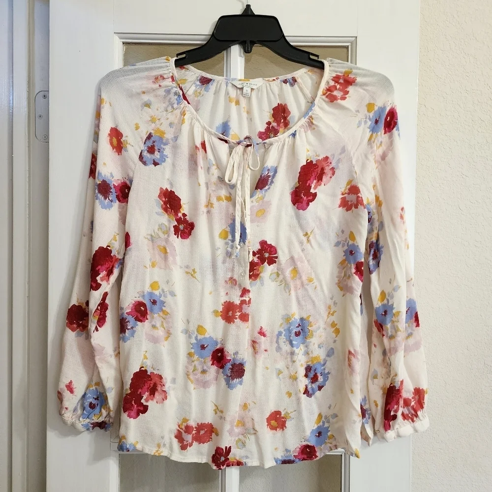 Lucky Brand Floral Blouse Medium Ivory Tie Front Long Sleeve Boho